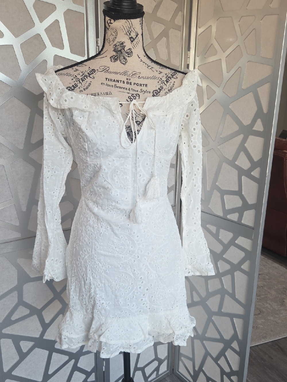 Parisian Works White Eyelet Off-Shoulder Mini Dress